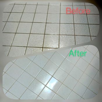 Before and after tile grout cleaning showing dirty grout restored to clean white floor tiles